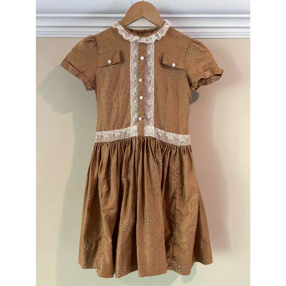 Vintage 1950s Drop Waist Brown w/ White Dot Dress, 5T - Picture 2 of 10